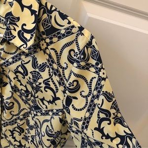 Foxcroft Navy and Yellow print wrinkle free button down